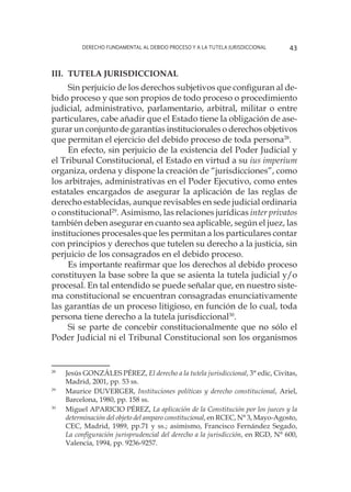 Derecho fundamental al Debido Proceso y a la Tutela Jurisdiccional 43
III. 	Tutela jurisdiccional
Sin perjuicio de los derechos subjetivos que configuran al de-
bido proceso y que son propios de todo proceso o procedimiento
judicial, administrativo, parlamentario, arbitral, militar o entre
particulares, cabe añadir que el Estado tiene la obligación de ase-
gurar un conjunto de garantías institucionales o derechos objetivos
que permitan el ejercicio del debido proceso de toda persona28
.
En efecto, sin perjuicio de la existencia del Poder Judicial y
el Tribunal Constitucional, el Estado en virtud a su ius imperium
organiza, ordena y dispone la creación de “jurisdicciones”, como
los arbitrajes, administrativas en el Poder Ejecutivo, como entes
estatales encargados de asegurar la aplicación de las reglas de
derecho establecidas, aunque revisables en sede judicial ordinaria
o constitucional29
. Asimismo, las relaciones jurídicas inter privatos
también deben asegurar en cuanto sea aplicable, según el juez, las
instituciones procesales que les permitan a los particulares contar
con principios y derechos que tutelen su derecho a la justicia, sin
perjuicio de los consagrados en el debido proceso.
Es importante reafirmar que los derechos al debido proceso
constituyen la base sobre la que se asienta la tutela judicial y/o
procesal. En tal entendido se puede señalar que, en nuestro siste-
ma constitucional se encuentran consagradas enunciativamente
las garantías de un proceso litigioso, en función de lo cual, toda
persona tiene derecho a la tutela jurisdiccional30
.
Si se parte de concebir constitucionalmente que no sólo el
Poder Judicial ni el Tribunal Constitucional son los organismos
28
	 Jesús GONZÁLES PÉREZ, El derecho a la tutela jurisdiccional, 3° edic, Civitas,
Madrid, 2001, pp. 53 ss.
29
	 Maurice DUVERGER, Instituciones políticas y derecho constitucional, Ariel,
Barcelona, 1980, pp. 158 ss.
30
	 Miguel APARICIO PÉREZ, La aplicación de la Constitución por los jueces y la
determinación del objeto del amparo constitucional, en RCEC, N° 3, Mayo-Agosto,
CEC, Madrid, 1989, pp.71 y ss.; asimismo, Francisco Fernández Segado,
La configuración jurisprudencial del derecho a la jurisdicción, en RGD, N° 600,
Valencia, 1994, pp. 9236-9257.
 