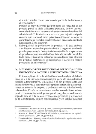César Landa Arroyo46
des, así como las consecuencias o impacto de la demora en
el reclamante35
.
Porque, es muy diferente que por mora del juzgador en un
proceso penal se viole la libertad personal, que en un pro-
ceso administrativo no contencioso se afecten derechos del
administrado36
. También cabe advertir que, la justicia rápida
como la que realiza el fuero privativo militar, no siempre es
garantía de que respeten los derechos del procesado que toda
jurisdicción debe asegurar.
6.	 Deber judicial de producción de pruebas.— El juez en base
a su libertad razonable puede admitir o negar un medio de
prueba propuesto; la denegatoria irrazonable de la aportación
de prueba supone una violación a la tutela jurisdiccional. En
todo caso, el juez debe extremar sus cuidados para obtener
las pruebas pertinentes, diligenciarlas y darles su mérito
probatorio en la sentencia37
.
IV. 	Mecanismos de protección al derecho al debi-
do proceso y la tutela jurisdiccional efectiva
El incumplimiento o la violación a los derechos al debido
proceso y a la tutela jurisdiccional por parte de una autoridad
judicial, administrativa, legislativa o en un proceso ante una
institución privada, constituye el supuesto apropiado para inter-
poner un recurso de amparo o de habeas corpus o inclusive de
habeas data. En efecto, cuando una resolución o decisión lesione
un derecho constitucional; ya sea por el irregular procedimiento
seguido ante él o la falsa o errónea interpretación y aplicación
de la Constitución, el juez constitucional y en última instancia
35
	 Francisco RUBIO LLORENTE y otros, Derechos fundamentales y principios
constitucionales, Ariel Derecho, Barcelona, 1995, pp. 327 ss.
36
	 Aurelia Mª ROMERO COLOMA, El artículo 24 de la constitución española:
examen y valoración…, Ob. cit., pp. 95-105.
37
	 Francisco Rubio Llorente y otros, Derechos fundamentales y principios consti-
tucionales…, Ob. cit., pp. 348-352.
 