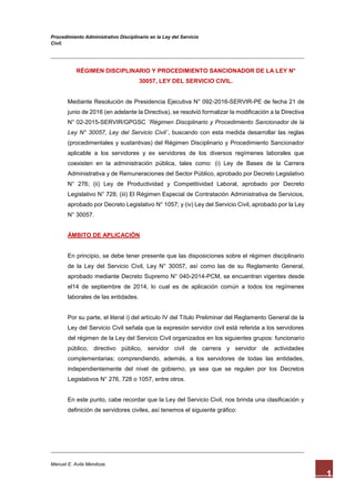 Procedimiento Administrativo Disciplinario en la Ley del Servicio
Civil.
Manuel E. Avila Mendoza.
1
RÉGIMEN DISCIPLINARIO Y PROCEDIMIENTO SANCIONADOR DE LA LEY N°
30057, LEY DEL SERVICIO CIVIL.
Mediante Resolución de Presidencia Ejecutiva N° 092-2016-SERVIR-PE de fecha 21 de
junio de 2016 (en adelante la Directiva), se resolvió formalizar la modificación a la Directiva
N° 02-2015-SERVIR/GPGSC ¨Régimen Disciplinario y Procedimiento Sancionador de la
Ley N° 30057, Ley del Servicio Civil¨, buscando con esta medida desarrollar las reglas
(procedimentales y sustantivas) del Régimen Disciplinario y Procedimiento Sancionador
aplicable a los servidores y ex servidores de los diversos regímenes laborales que
coexisten en la administración pública, tales como: (i) Ley de Bases de la Carrera
Administrativa y de Remuneraciones del Sector Público, aprobado por Decreto Legislativo
N° 276; (ii) Ley de Productividad y Competitividad Laboral, aprobado por Decreto
Legislativo N° 728; (iii) El Régimen Especial de Contratación Administrativa de Servicios,
aprobado por Decreto Legislativo N° 1057; y (iv) Ley del Servicio Civil, aprobado por la Ley
N° 30057.
ÁMBITO DE APLICACIÓN
En principio, se debe tener presente que las disposiciones sobre el régimen disciplinario
de la Ley del Servicio Civil, Ley N° 30057, así como las de su Reglamento General,
aprobado mediante Decreto Supremo N° 040-2014-PCM, se encuentran vigentes desde
el14 de septiembre de 2014, lo cual es de aplicación común a todos los regímenes
laborales de las entidades.
Por su parte, el literal i) del artículo IV del Título Preliminar del Reglamento General de la
Ley del Servicio Civil señala que la expresión servidor civil está referida a los servidores
del régimen de la Ley del Servicio Civil organizados en los siguientes grupos: funcionario
público, directivo público, servidor civil de carrera y servidor de actividades
complementarias; comprendiendo, además, a los servidores de todas las entidades,
independientemente del nivel de gobierno, ya sea que se regulen por los Decretos
Legislativos N° 276, 728 o 1057, entre otros.
En este punto, cabe recordar que la Ley del Servicio Civil, nos brinda una clasificación y
definición de servidores civiles, así tenemos el siguiente gráfico:
 