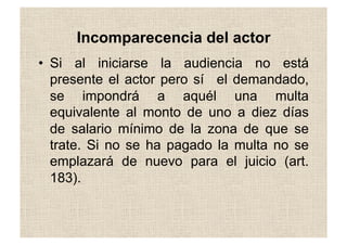 •  Si al iniciarse la audiencia no está
presente el actor pero sí el demandado,
se impondrá a aquél una multa
equivalente al monto de uno a diez días
de salario mínimo de la zona de que se
trate. Si no se ha pagado la multa no se
emplazará de nuevo para el juicio (art.
183).
Incomparecencia del actor
 
