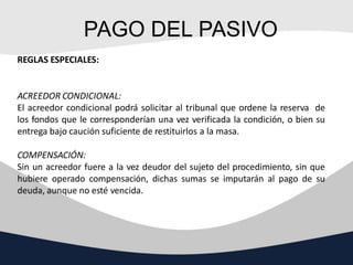 PAGO DEL PASIVO
REGLAS ESPECIALES:
ACREEDOR CONDICIONAL:
El acreedor condicional podrá solicitar al tribunal que ordene la...