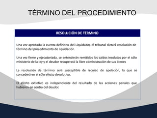 TÉRMINO DEL PROCEDIMIENTO
RESOLUCIÓN DE TÉRMINO
Una vez aprobada la cuenta definitiva del Liquidador, el tribunal dictará ...