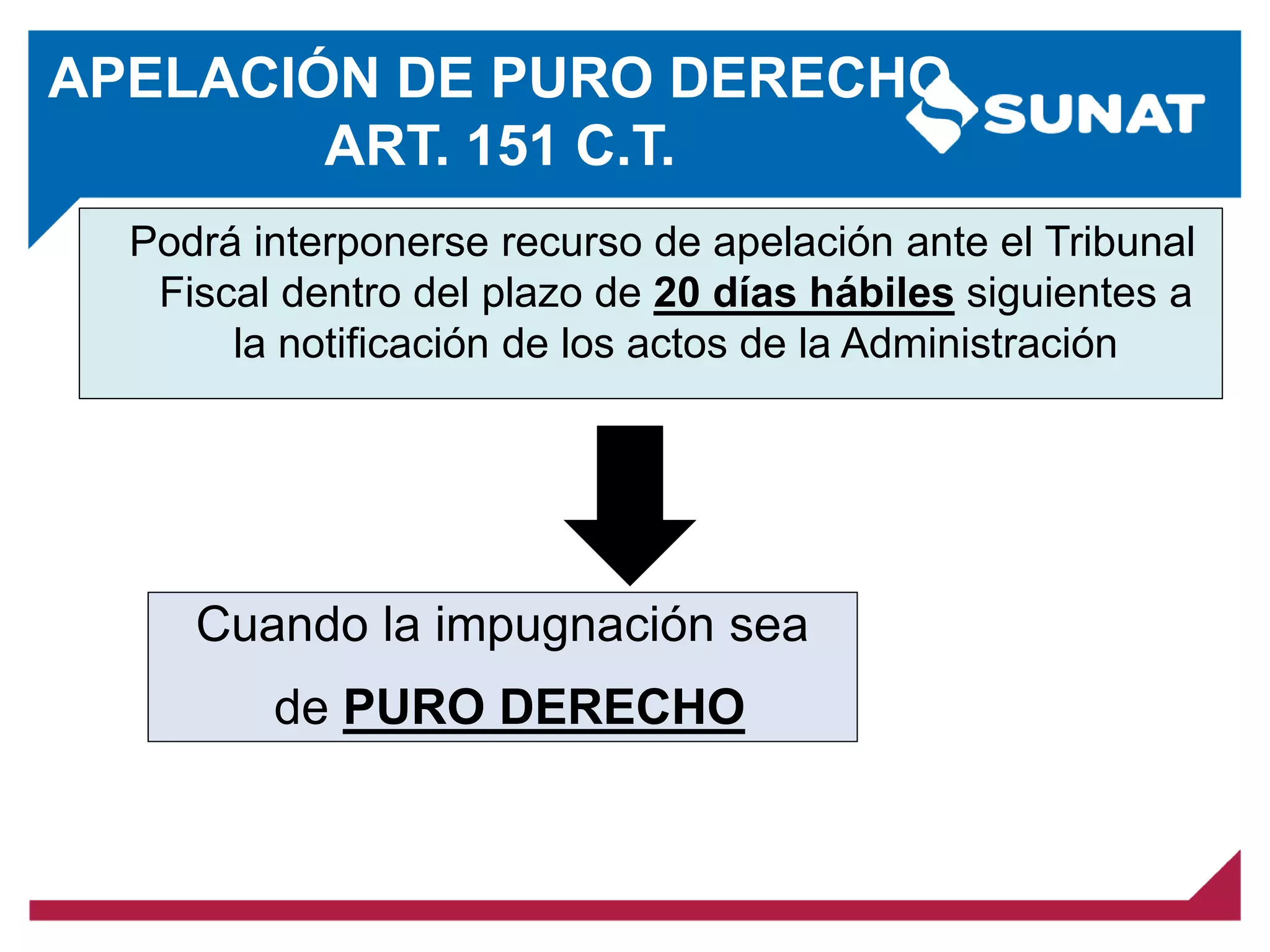 Podrá interponerse recurso de apelación ante el Tribunal
Fiscal dentro del plazo de 20 días hábiles siguientes a
la notificación de los actos de la Administración
APELACIÓN DE PURO DERECHO
ART. 151 C.T.
Cuando la impugnación sea
de PURO DERECHO
 