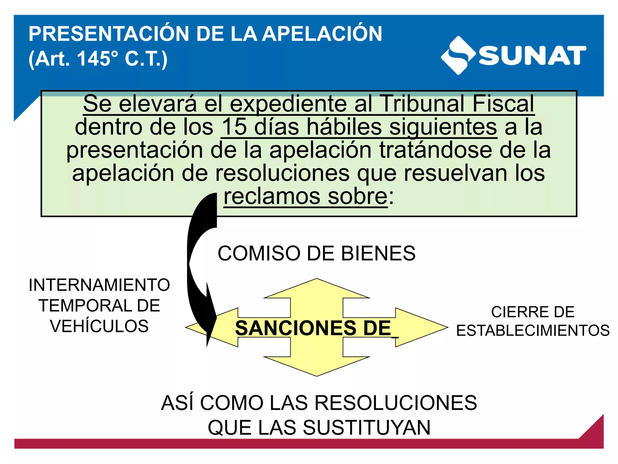 COMISO DE BIENES
INTERNAMIENTO
TEMPORAL DE
VEHÍCULOS
CIERRE DE
ESTABLECIMIENTOS
ASÍ COMO LAS RESOLUCIONES
QUE LAS SUSTITUYAN
SANCIONES DE
Se elevará el expediente al Tribunal Fiscal
dentro de los 15 días hábiles siguientes a la
presentación de la apelación tratándose de la
apelación de resoluciones que resuelvan los
reclamos sobre:
PRESENTACIÓN DE LA APELACIÓN
(Art. 145° C.T.)
 