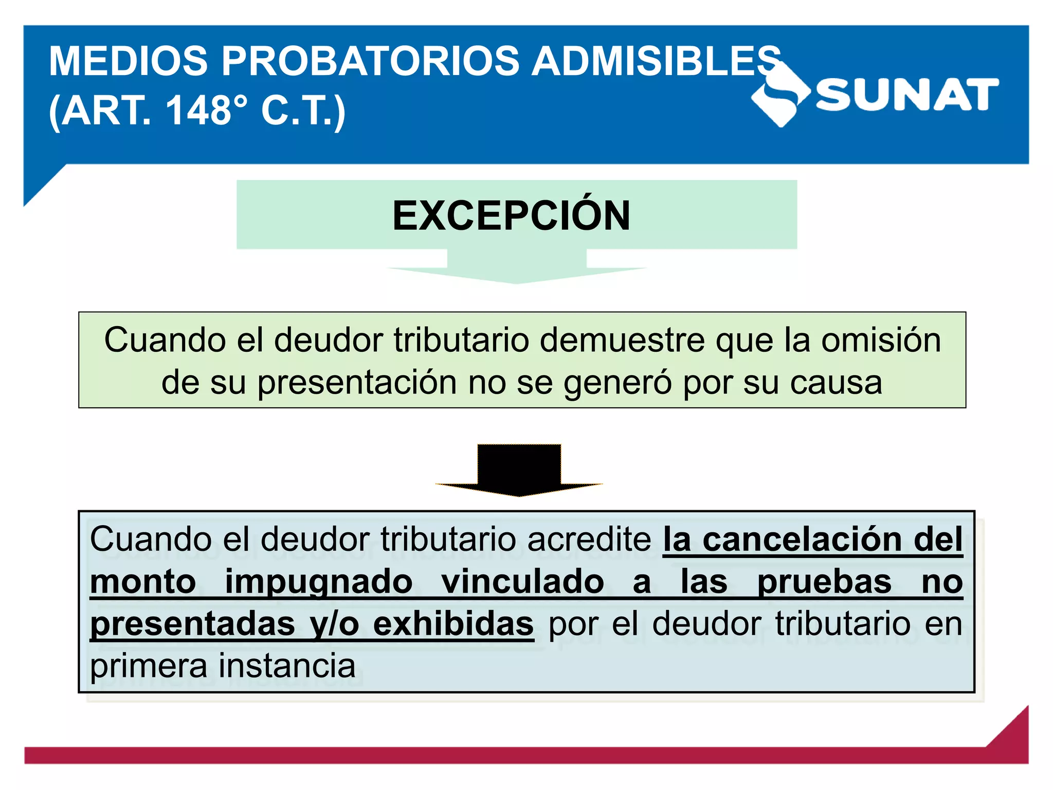 EXCEPCIÓN
Cuando el deudor tributario demuestre que la omisión
de su presentación no se generó por su causa
Cuando el deudor tributario acredite la cancelación del
monto impugnado vinculado a las pruebas no
presentadas y/o exhibidas por el deudor tributario en
primera instancia
MEDIOS PROBATORIOS ADMISIBLES
(ART. 148° C.T.)
 