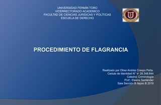 Realizado por Olner Andrés Crespo Peña.
Cedula de Identidad N° V- 28.348.644
Cátedra: Criminología
Prof.: Eleana Santander
Saia Sección B /lapso B 2019
UNIVERSIDAD FERMIN TORO
VICERRECTORADO ACADEMICO
FACULTAD DE CIENCIAS JURIDICAS Y POLÍTICAS
ESCUELA DE DERECHO
 