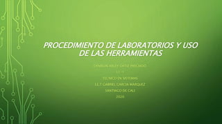 PROCEDIMIENTO DE LABORATORIOS Y USO
DE LAS HERRAMIENTAS
DENISON ARLEY ORTIZ PRECIADO
11-1
TECNICO EN SISTEMAS
I.E.T GABRIEL GARCIA MARQUEZ
SANTIAGO DE CALI
2020
 