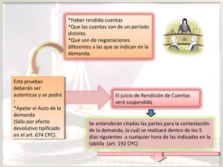 *Haber rendido cuentas
*Que las cuentas son de un periodo
distinto.
*Que son de negociaciones
diferentes a las que se indican en la
demanda.
Esta pruebas
deberán ser
autenticas y se podrá
:
*Apelar el Auto de la
demanda
(Sólo por efecto
devolutivo tipificado
en el art. 674 CPC).
Esta pruebas
deberán ser
autenticas y se podrá
:
*Apelar el Auto de la
demanda
(Sólo por efecto
devolutivo tipificado
en el art. 674 CPC).
El juicio de Rendición de Cuentas
será suspendido
Se entenderán citadas las partes para la contestación
de la demanda, la cuál se realizará dentro de los 5
días siguientes a cualquier hora de las indicadas en la
tablilla (art. 192 CPC)
 