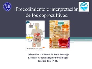 Procedimiento e interpretación
de los coprocultivos.
Universidad Autónoma de Santo Domingo
Escuela de Microbiología y Parasitología
Practica de MIP-212
 