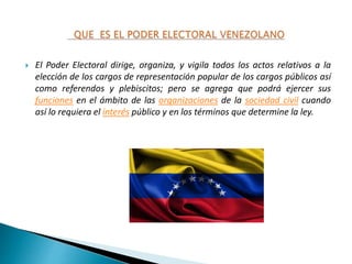  El Poder Electoral dirige, organiza, y vigila todos los actos relativos a la
elección de los cargos de representación popular de los cargos públicos así
como referendos y plebiscitos; pero se agrega que podrá ejercer sus
funciones en el ámbito de las organizaciones de la sociedad civil cuando
así lo requiera el interés público y en los términos que determine la ley.
 
