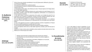 4.-Audiencia
Preliminar
(Arts.133-141
LOPT)
-Será en forma oral, privada y presidida por el Juez de Sustanciación, Mediación y Ejecución
-La asistencia es obligatoria
-No se admitirá la oposición de cuestiones previas
-Si el demandante no asiste se considerará desistido del procedimiento
-Sentencia Oral- Acta
-El demandante puede apelar a dos efectos por ante el Tribunal Superior del Trabajo dentro
de los 5 días hábiles siguientes.
-El Tribunal del Trabajo competente decide oral y previa audiencia de parte después de los 5
días hábiles contados a partir del recibo del expediente, confirmando o no la sentencia de
Primera Instancia o revocarla
-El Juez debe mediar y conciliar las posiciones de las partes, con el objeto de poner fin a la
controversia, de ser positiva la mediación, concluye el proceso mediante sentencia oral, sino
debe resolver(despacho saneador)en forma oral todos los vicios que detecte.
-Si no se logra la conciliación ni el arbitraje, el demandado presentará en la audiencia
preliminar el escrito de contestación de la demanda junto con las pruebas de las que quiere
valerse.
-El Juez al día siguiente de concluir la audiencia preliminar remitirá el expediente al Tribunal
de Juicio.La audiencia preliminar no puede pasar de 4 meses.
-El Juez de Sustanciación, Mediación y Ejecución acuerda las medidas cautelares.
-Recurso de Apelación dentro de los 3 días hábiles siguientes contados a partir del acto que se
impugna
-Decisión en 5 días en forma oral e inmediata y previa audiencia de parte dentro de los 5 días
hábiles por el Tribunal Suprior del Trabajo.
Decisión
(Art 134 LOPT)
-Se reduce en forma escrita
-Admite el recurso de casación(Art
171 LOPT) dentro de los 5 días
hábiles siguientes a dicha decisión
Arbitraje
(Arts.142-153 LOPT)
-Arbitraje, para estimular los medios alternos de resolución de conflictos
-Constitución de una Junta de Arbitraje formada por tres árbitros elegidos al
azar por el Juez
-Los árbitros deben ser venezolanos, honorables y abogados con reconocida
competencia en el Derecho del Trabajo.
-Las decisiones de la Junta serán tomadas por mayoría
-La Audiencia será pública y el Procedimiento Oral
-El Laudo Arbitral será dictado, previa realización de la audiencia dentro de
los 30 días siguientes a la fecha en que se constituye la Junta de Arbitraje
cuyas decisiones serán inapelables.
5.-Procedimiento
de Juicio
(Arts.154-162)
-A los 5 días hábiles al recibir el expediente, el Juez
fijará, por auto expreso, el día y la hora para celebrar
la audiencia de juicio en un plazo no mayor de 30 días
hábiles a partir de dicha determinación
-En la Audiencia de Juicio, las partes presentarán los
testigos promovidos en la Audiencia Preliminar, éstos
deben comparecer sin necesidad de ser notificados
- Los expertos están obligados a comparecer en la
audiencia de juicio, sino lo hacen, éstos se convierten
en causal de destitución, en caso de que se trate de
funcionarios públicos.
-La Audiencia puede prolongarse en el mismo día,
hasta que se agote el debate con la aprobación del
Juez.
-Una vez terminada, el Juez se retira de la Audiencia
por un tiempo no mayor de 60 minutos
-Las partes permanecen en la Sala de Audiencia.
-Al regresar,el Juez pronunciará la sentencia de forma
oral; una síntesis precisa de los motivos de hecho y
de derecho.
 