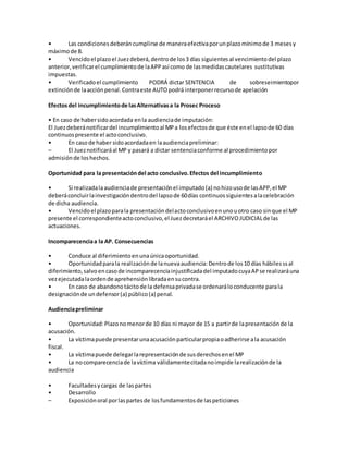 • Las condicionesdeberáncumplirse de maneraefectivaporunplazomínimode 3 mesesy
máximode 8.
• Vencidoel plazoel Juezdeberá,dentrode los3 días siguientesal vencimientodel plazo
anterior,verificarel cumplimientode laAPPasí como de lasmedidascautelares sustitutivas
impuestas.
• Verificadoel cumplimiento PODRÁ dictar SENTENCIA de sobreseimientopor
extinciónde laacciónpenal.Contraeste AUTOpodrá interponerrecursode apelación
Efectosdel incumplimientode lasAlternativasa la Prosec Proceso
• En caso de habersidoacordada enla audienciade imputación:
El Juezdeberánotificardel incumplimientoal MPa losefectosde que éste enel lapsode 60 días
continuospresente el actoconclusivo.
• En casode haber sidoacordadaen laaudienciapreliminar:
– El Jueznotificaráal MP y pasará a dictar sentenciaconforme al procedimientopor
admisiónde loshechos.
Oportunidad para la presentacióndel acto conclusivo.Efectos del incumplimiento
• Si realizadalaaudienciade presentaciónel imputado(a) nohizousode lasAPP,el MP
deberáconcluirlainvestigacióndentrodel lapsode 60días continuossiguientesalacelebración
de dicha audiencia.
• Vencidoel plazoparala presentacióndelactoconclusivoenunouotro caso sinque el MP
presente el correspondienteactoconclusivo,el Juezdecretaráel ARCHIVOJUDICIALde las
actuaciones.
Incomparecenciaa la AP. Consecuencias
• Conduce al diferimientoenunaúnicaoportunidad.
• Oportunidadparala realizaciónde lanuevaaudiencia:Dentrode los10 días hábilesssal
diferimiento,salvoencasode incomparecenciainjustificadadel imputadocuyaAPse realizaráuna
vezejecutadalaordende aprehensiónlibradaensucontra.
• En caso de abandonotácitode la defensaprivadase ordenaráloconducente parala
designaciónde undefensor(a) público(a) penal.
Audienciapreliminar
• Oportunidad:Plazonomenorde 10 días ni mayor de 15 a partirde lapresentaciónde la
acusación.
• La víctimapuede presentarunaacusaciónparticularpropiaoadherirse ala acusación
fiscal.
• La víctimapuede delegarlarepresentaciónde susderechosenel MP
• La nocomparecenciade lavíctima válidamentecitadanoimpide larealizaciónde la
audiencia
• Facultadesycargas de laspartes
• Desarrollo
– Exposiciónoral porlaspartesde losfundamentosde laspeticiones
 