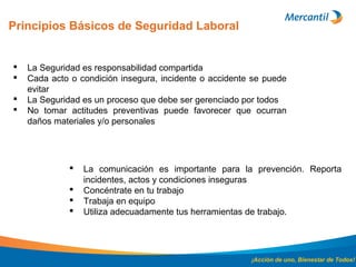Principios Básicos de Seguridad Laboral
¡Acción de uno, Bienestar de Todos!
 La Seguridad es responsabilidad compartida
 Cada acto o condición insegura, incidente o accidente se puede
evitar
 La Seguridad es un proceso que debe ser gerenciado por todos
 No tomar actitudes preventivas puede favorecer que ocurran
daños materiales y/o personales
 La comunicación es importante para la prevención. Reporta
incidentes, actos y condiciones inseguras
 Concéntrate en tu trabajo
 Trabaja en equipo
 Utiliza adecuadamente tus herramientas de trabajo.
 