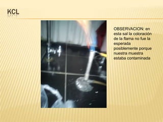 KCL

      OBSERVACION: en
      esta sal la coloración
      de la flama no fue la
      esperada
      posiblemente porque
      nuestra muestra
      estaba contaminada
 