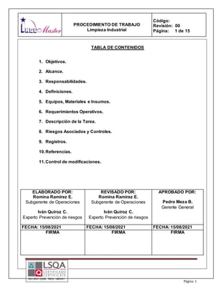 Procedimiento operacional. Limpieza