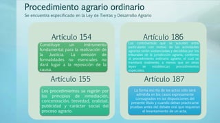 Procedimiento agrario ordinario
Artículo 154
Constituye un instrumento
fundamental para la realización de
la Justicia. La omisión de
formalidades no esenciales no
dará lugar a la reposición de la
causa.
Los procedimientos se regirán por
los principios de inmediación,
concentración, brevedad, oralidad,
publicidad y carácter social del
proceso agrario.
Artículo 186
Las controversias que se susciten entre
particulares con motivo de las actividades
agrarias serán sustanciadas y decididas por los
tribunales de la jurisdicción agraria, conforme
al procedimiento ordinario agrario, el cual se
tramitará oralmente, a menos que en otras
leyes se establezcan procedimientos
especiales.
La forma escrita de los actos sólo será
admitida en los casos expresamente
consagrados en las disposiciones del
presente título y cuando deban practicarse
pruebas antes del debate oral que requieran
el levantamiento de un acta.
Se encuentra especificado en la Ley de Tierras y Desarrollo Agrario
Artículo 155 Artículo 187
 