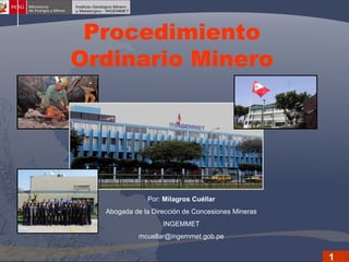 Procedimiento
Ordinario Minero

(POM)
Por: Milagros Cuéllar
Abogada de la Dirección de Concesiones Mineras
INGEMMET
mcuellar@ingemmet.gob.pe

1

 