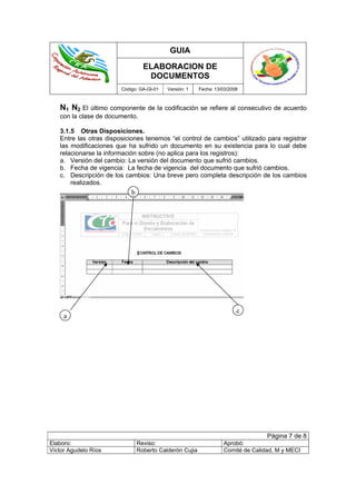 GUIA
ELABORACION DE
DOCUMENTOS
Código: GA-GI-01 Versión: 1 Fecha: 13/03/2008
Página 7 de 8
Elaboro: Reviso: Aprobó:
Víctor Agudelo Ríos Roberto Calderón Cujia Comité de Calidad, M y MECI
N1 N2 El último componente de la codificación se refiere al consecutivo de acuerdo
con la clase de documento.
3.1.5 Otras Disposiciones.
Entre las otras disposiciones tenemos “el control de cambios” utilizado para registrar
las modificaciones que ha sufrido un documento en su existencia para lo cual debe
relacionarse la información sobre (no aplica para los registros):
a. Versión del cambio: La versión del documento que sufrió cambios.
b. Fecha de vigencia: La fecha de vigencia del documento que sufrió cambios.
c. Descripción de los cambios: Una breve pero completa descripción de los cambios
realizados.
b
a
c
 