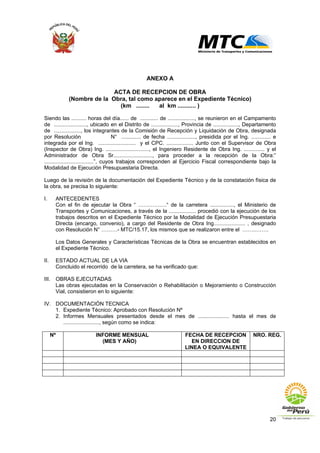 20
ANEXO A
ACTA DE RECEPCION DE OBRA
(Nombre de la Obra, tal como aparece en el Expediente Técnico)
(km ........ al km ........... )
Siendo las .......... horas del día...... de ............ de .................., se reunieron en el Campamento
de ......................, ubicado en el Distrito de .................., Provincia de ................., Departamento
de .................., los integrantes de la Comisión de Recepción y Liquidación de Obra, designada
por Resolución N° ............. de fecha ..................., presidida por el Ing. ............. e
integrada por el Ing. ......................... y el CPC. .................. Junto con el Supervisor de Obra
(Inspector de Obra) Ing. ............................., el Ingeniero Residente de Obra Ing. .............. y el
Administrador de Obra Sr.........................., para proceder a la recepción de la Obra:”
.................................”, cuyos trabajos corresponden al Ejercicio Fiscal correspondiente bajo la
Modalidad de Ejecución Presupuestaria Directa.
Luego de la revisión de la documentación del Expediente Técnico y de la constatación física de
la obra, se precisa lo siguiente:
I. ANTECEDENTES
Con el fin de ejecutar la Obra “ …………….“ de la carretera ................, el Ministerio de
Transportes y Comunicaciones, a través de la .................. procedió con la ejecución de los
trabajos descritos en el Expediente Técnico por la Modalidad de Ejecución Presupuestaria
Directa (encargo, convenio), a cargo del Residente de Obra Ing..................... , designado
con Resolución N° ………- MTC/15.17, los mismos que se realizaron entre el ……..…….
Los Datos Generales y Características Técnicas de la Obra se encuentran establecidos en
el Expediente Técnico.
II. ESTADO ACTUAL DE LA VIA
Concluido el recorrido de la carretera, se ha verificado que:
III. OBRAS EJECUTADAS
Las obras ejecutadas en la Conservación o Rehabilitación o Mejoramiento o Construcción
Vial, consistieron en lo siguiente:
IV. DOCUMENTACIÓN TECNICA
1. Expediente Técnico: Aprobado con Resolución Nº
2. Informes Mensuales presentados desde el mes de ..................... hasta el mes de
........................, según como se indica:
Nº INFORME MENSUAL
(MES Y AÑO)
FECHA DE RECEPCION
EN DIRECCION DE
LINEA O EQUIVALENTE
NRO. REG.
 