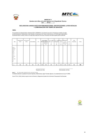 OBRA:
Por la presente, los abajo firmantes, declaramos BAJO JURAMENTO, que al término de la obra, el Proyecto ha cumplido con pagar
las Remuneraciones, Gratificaciones, Leyes Sociales y Compensación por Tiempo de Servicios por el AF-2005 según detalle adjunto
del personal técnico, auxiliar y obrero a su cargo para la ejecución de la obra, de acuerdo a las leyes vigentes sobre el particular
REMUNERACION GRATIFICACION LEY N° 26969 LEY N° 19990 ESSALUD IMPUESTO Otros
MES NETA NETA ESCOLARIDAD CTS SALUD TRABAJO IMP. EXT. SO PENSIONES VIDA A LA AFP Descuentos TOTAL
(*) RIESGO (*) (*) (*) (*) RENTA (*) (*)
8.1 8.2 8.3 8.4 8.5 8.6 8.7
ENERO
FEBRERO
MARZO
ABRIL
MAYO
JUNIO
JULIO
AGOSTO
SEPT.
OCTUBRE
NOV.
DIC.
TOTAL XX XX XX XX XX XX XX XX XX XX XX XX XX
-------------------------- ----------------------------------------
Residente de Obra Administrador de Obra
Nota (*) 8.1, 8.2, 8.3, 84., 8.5, 8.6, 8.7 (8.7.1; 8.7.2; 8.7.3; 8.7.4)
Se deberá adicionar Liquidación Anual de Aportes y Retenciones, según Formato adjunto, en cumplimiento de la Ley N° 27605.
Suma TOTAL ( X X X ) debe ser igual al rubro de Personal y Obligaciones Sociales de la Información Presupuestal Final Ejecutada
LEY N° 26790
DECLARACION JURADA PAGO POR REMUNERACIONES, GRATIFICACIONES, LEYES SOCIALES
Y COMPENSACION POR TIEMPO DE SERVICIOS
ANEXO N° 8
Nombre de la Obra, tal como aparece en el Expediente Técnico
(km ....... Al Km..........)
52
 