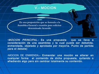 V.- MOCION
•MOCION PRINCIPAL.- Es una propuesta que se lleva a
consideración de una asamblea y la cual puede ser debatida,
enmendada, objetada y aprobada por mayoría. Punto de partida
para el debate)
•MOCION DE ENMIENDA.- Enmendar una moción es alterar en
cualquier forma el contenido de dicha propuesta, quitando o
añadiendo algo pero sin cambiar totalmente su contenido.
Es una proposición que se formula a la
Asamblea General o reunión para solicitar
determinado Acuerdo
 