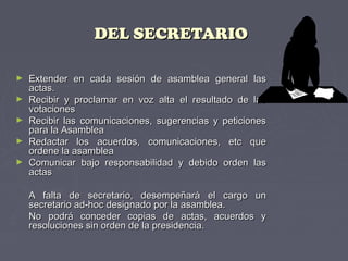 DEL SECRETARIODEL SECRETARIO
► Extender en cada sesión de asamblea general lasExtender en cada sesión de asamblea general las
actas.actas.
► Recibir y proclamar en voz alta el resultado de lasRecibir y proclamar en voz alta el resultado de las
votacionesvotaciones
► Recibir las comunicaciones, sugerencias y peticionesRecibir las comunicaciones, sugerencias y peticiones
para la Asambleapara la Asamblea
► Redactar los acuerdos, comunicaciones, etc queRedactar los acuerdos, comunicaciones, etc que
ordene la asambleaordene la asamblea
► Comunicar bajo responsabilidad y debido orden lasComunicar bajo responsabilidad y debido orden las
actasactas
A falta de secretario, desempeñará el cargo unA falta de secretario, desempeñará el cargo un
secretario ad-hoc designado por la asamblea.secretario ad-hoc designado por la asamblea.
No podrá conceder copias de actas, acuerdos yNo podrá conceder copias de actas, acuerdos y
resoluciones sin orden de la presidencia.resoluciones sin orden de la presidencia.
 
