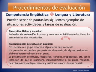 Miguel Pescador Barcala Procedimientos de evaluación Competencia lingüística  Lengua y Literatura Pueden servir de pautas los siguientes ejemplos de situaciones actividades y tareas de evaluación: Dimensión: Hablar y escuchar.  Indicador de evaluación : Expresar y comprender hábilmente las ideas, los sentimientos y las necesidades. Procedimientos de evaluación posibles: Los debates en grupo entorno a algún tema muy conocido La presentación pública, por parte del alumnado, de alguna producción  elaborada personalmente o en grupo. La presentación de dibujos, fotografías,  carteles, propagandas, etc. con la intención de que el alumno/a, individualmente o en grupo reducido, describa, narre, explique, razone y justifique, valore… lo que ha visto 