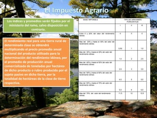 Los índices y promedios serán fijados por el
ministerio del ramo, salvo disposición en
contrario.
El rendimiento real para una tierra rural de
determinada clase se obtendrá
multiplicando el precio promedio anual
nacional del producto utilizado para la
determinación del rendimiento idóneo, por
el promedio de producción anual
comercializada de toneladas por hectárea
de dicho producto o rubro producido por el
sujeto pasivo en dicha tierra, por la
totalidad de hectáreas de la clase de tierra
respectiva.
BASE IMPONIBLE TIPO DE GRAVAMEN
PORCENTAJE
I II III
Entre 0 y 20% del valor del rendimiento
idóneo
0 0 0
Mas del 20% y hasta el 30% del valor del
rendimiento idóneo
0,50 1 1,5
Mas del 30% y hasta el 40% del valor del
rendimiento idóneo
1,5 2 2,5
Mas del 40% y hasta el 50% del valor del
rendimiento idóneo
2,5 3 3,5
Mas del 50% y hasta el 60% del valor del
rendimiento idóneo
4,5 5 5,5
Mas del 60% y hasta el 70% del valor del
rendimiento idóneo
5,5 6 6,5
Mas del 70% del valor del rendimiento
idóneo
11,5 12 12,5
 