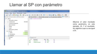 Llamar al SP con parámetro

Observe el valor mandado
como parámetro, en este
ejemplo, 25. Y el resultado:
los registros cuyo cu sea igual
a 25.

 