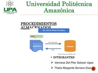 PROCEDIMIENTOS
ALMACENADOS
• INTEGRANTES:
 Vannesa Del Pilar Salazar Ugaz.
 Thalía Margarita Serrano Díaz.
Universidad Politécnica
Amazónica
 