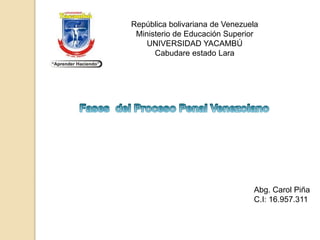 República bolivariana de Venezuela
Ministerio de Educación Superior
UNIVERSIDAD YACAMBÚ
Cabudare estado Lara
Abg. Carol Piña
C.I: 16.957.311
 