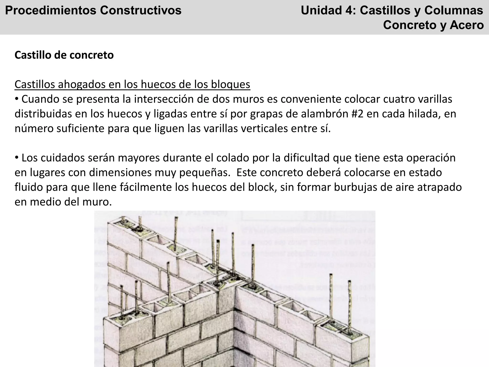 Procedimientos Constructivos Unidad 4: Castillos y Columnas
Concreto y Acero
Castillo de concreto
Castillos ahogados en los huecos de los bloques
• Cuando se presenta la intersección de dos muros es conveniente colocar cuatro varillas
distribuidas en los huecos y ligadas entre sí por grapas de alambrón #2 en cada hilada, en
número suficiente para que liguen las varillas verticales entre sí.
• Los cuidados serán mayores durante el colado por la dificultad que tiene esta operación
en lugares con dimensiones muy pequeñas. Este concreto deberá colocarse en estado
fluido para que llene fácilmente los huecos del block, sin formar burbujas de aire atrapado
en medio del muro.
 