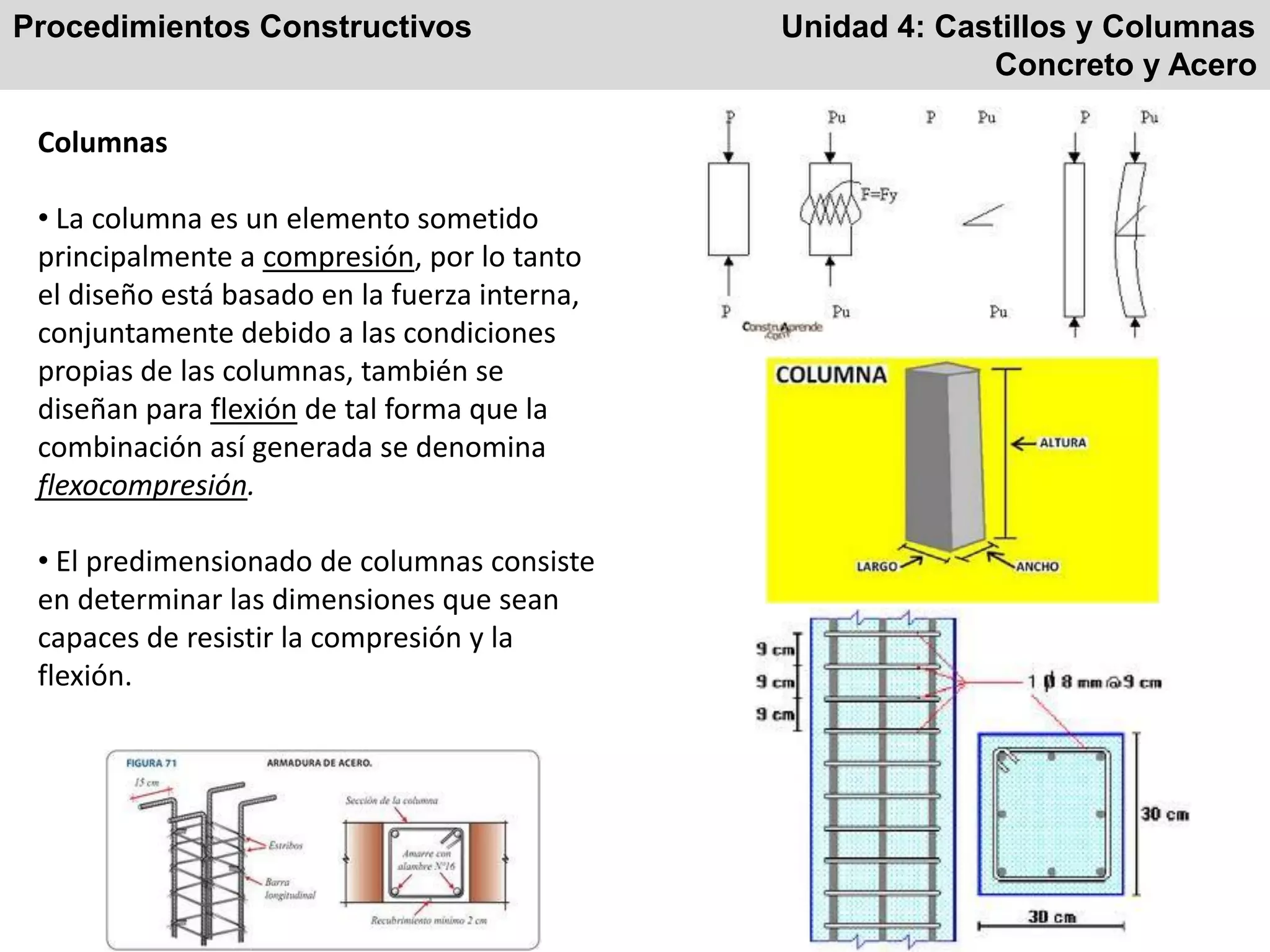 Procedimientos Constructivos Unidad 4: Castillos y Columnas
Concreto y Acero
Columnas
• La columna es un elemento sometido
principalmente a compresión, por lo tanto
el diseño está basado en la fuerza interna,
conjuntamente debido a las condiciones
propias de las columnas, también se
diseñan para flexión de tal forma que la
combinación así generada se denomina
flexocompresión.
• El predimensionado de columnas consiste
en determinar las dimensiones que sean
capaces de resistir la compresión y la
flexión.
 