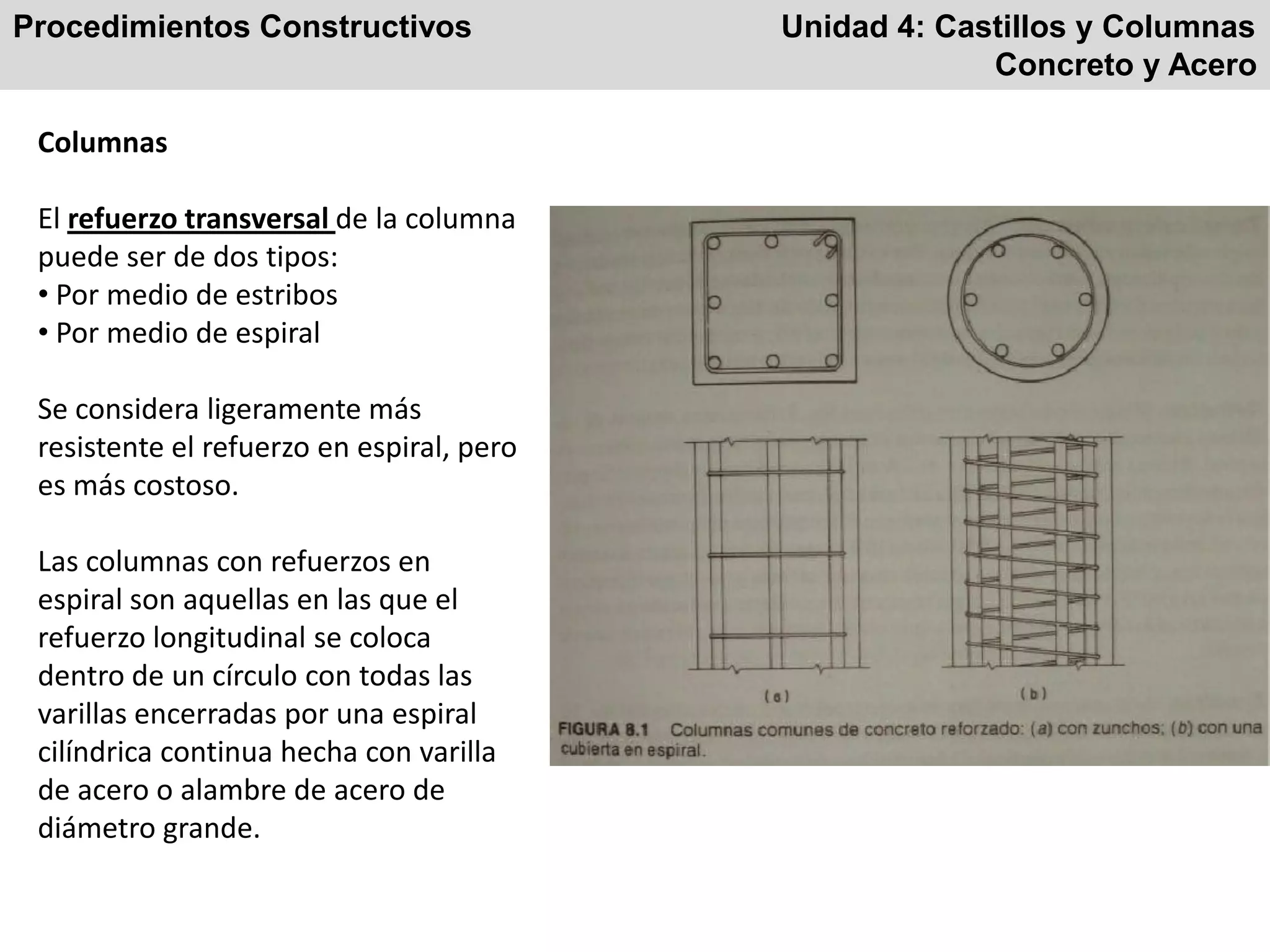 Procedimientos Constructivos Unidad 4: Castillos y Columnas
Concreto y Acero
Columnas
El refuerzo transversal de la columna
puede ser de dos tipos:
• Por medio de estribos
• Por medio de espiral
Se considera ligeramente más
resistente el refuerzo en espiral, pero
es más costoso.
Las columnas con refuerzos en
espiral son aquellas en las que el
refuerzo longitudinal se coloca
dentro de un círculo con todas las
varillas encerradas por una espiral
cilíndrica continua hecha con varilla
de acero o alambre de acero de
diámetro grande.
 