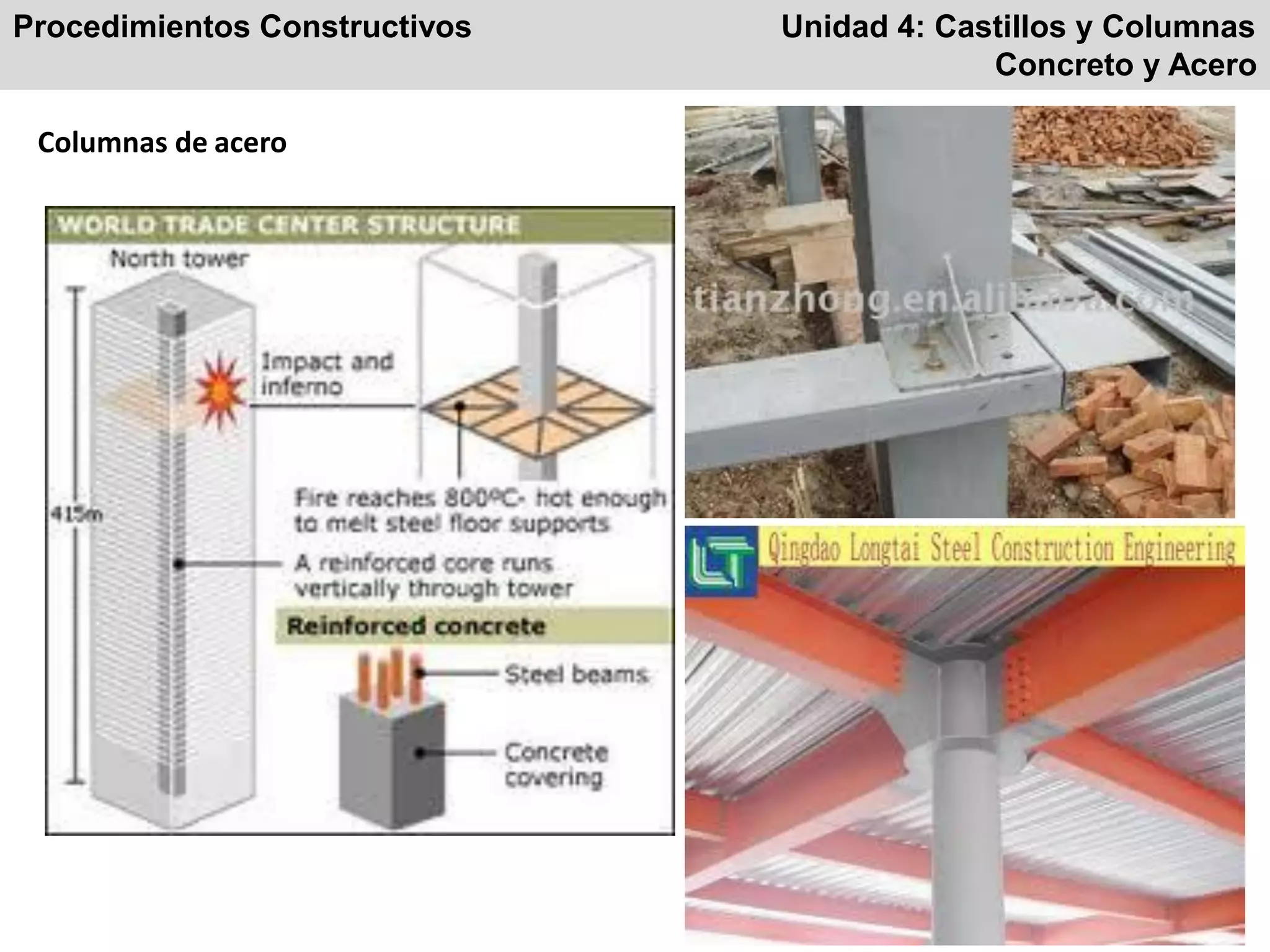 Procedimientos Constructivos Unidad 4: Castillos y Columnas
Concreto y Acero
Columnas de acero
 