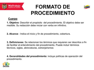 FORMATO DE
                        PROCEDIMIENTO
 Cuerpo
1. Objetivo: Describir el propósito del procedimiento. El objetivo debe ser
medible. Su redacción debe iniciar con verbo en infinitivo.


2. Alcance : Indica el inicio y fin de procedimiento, cobertura.


3. Definiciones: Se relacionan los términos que requieren ser descritos a fin
de facilitar el entendimiento del procedimiento. Puede incluir términos
técnicos, siglas, abreviaturas, extranjerismos


4. Generalidades del procedimiento: incluye políticas de operación del
procedimiento.
 