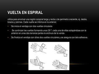 VUELTA EN ESPIRAL
utiliza para envolver una región corporal larga y recta o de perímetro creciente, ej. dedos,
brazos y piernas. Cada vuelta se imbrica en la anterior.
•   Se inicia el vendaje con dos vueltas circulares
•    Se continúan las vueltas formando unos 30 º, cada una de ellas solapándose con la
    anterior en unas dos terceras partes la anchura de la venda.
•   Se finaliza el vendaje con otras dos vueltas circulares y se asegura con tela adhesiva.
 
