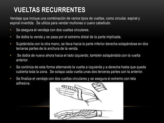 VUELTAS RECURRENTES
Vendaje que incluye una combinación de varios tipos de vueltas, como circular, espiral y
espiral invertida. Se utiliza para vendar muñones o cuero cabelludo.
•   Se asegura el vendaje con dos vueltas circulares.
•   Se dobla la venda y se pasa por el extremo distal de la parte implicada.
•   Sujetándola con la otra mano, se lleva hacia la parte inferior derecha solapándose en dos
    terceras partes de la anchura de la venda.
•    Se dobla de nuevo ahora hacia el lado izquierdo, también solapándola con la vuelta
    anterior.
•   Se continúa de esta forma alternando la vuelta a izquierda y a derecha hasta que queda
    cubierta toda la zona. Se solapa cada vuelta unas dos terceras partes con la anterior.
•   Se finaliza el vendaje con dos vueltas circulares y se asegura el extremo con tela
    adhesiva.
 