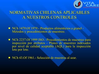 NORMATIVAS CHILENAS APLICABLES A NUESTROS CONTROLES NCh 1479.Of 1979.- Productos alimenticios a granel - Métodos y procedimientos de muestreo.  NCh 2237.Of 1999 ISO.- Procedimientos de muestreo para inspección por atributos - Planes de muestreo indexados por nivel de calidad aceptable (AQL) para la inspección lote por lote. NCh 43.Of 1961.- Selección de muestras al azar. 