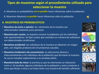 Tipos de muestreo según el procedimiento utilizado para
seleccionar la muestra
A. Muestreo no probabilístico no es posible hacer inferencias sobre la población.
B. Muestreo Aleatorio es posible hacer inferencias sobre la población.
A. MUESTREOS NO PROBABILISTICOS
• Muestreo de juicio u opinión: los elementos de la muestra son
seleccionados mediante juicio personal.
• Muestreo por cuotas: se requiere conocer la población y/o los individuos
más representativos. Se fijan cuotas que consisten en número de individuos
con determinadas condiciones.
• Muestreo accidental: los individuos de la muestra se obtienen sin ningún
plan, son elegidas producto de circunstancias casuales.
• Muestreo incidental o de conveniencia: se seleccionan directa e
intencionalmente a los individuos de la población que formaran la muestra.
Se usa en estudios exploratorios y en pruebas piloto.
• Muestreo bola de nieve: la premisa es que los elementos se relacionen
entre sí. Se localizan algunos individuos de la población y estos conducen a
otros que llevan a otros y así hasta tener una muestra de tamaño suficiente.
 