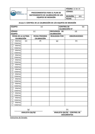 PÁGINA: 12 de 14
PROCEDIMIENTOS PARA EL PLAN DE
MATENIMIENTO DE CALIBRACIÓN DE LOS
EQUIPOS DE MEDICIÓN
CÓDIGO:
REVISIÓN: 001
FECHA:
Anexo C: CONTROL DE LA CALIBRACIÓN DE LOS EQUIPOS DE MEDICIÓN
EQUIPO: (a) CONTROL DE
CALIBRACIÓN N°:
(b)
CÓDIGO
EQUIPO:
(c) FRECUENCIA DE
CALIBRACIÓN:
(d)
FECHA DE LA ULTIMA
CALIBRACIÓN
FECHA PROXIMA
CALIBRACIÓN
REALIZADA POR OBSERVACIONES
Interna
Externa
(e) (f) (g) (h)
Interna
Externa
Interna
Externa
Interna
Externa
Interna
Externa
Interna
Externa
Interna
Externa
Interna
Externa
Interna
Externa
Interna
Externa
Interna
Externa
Interna
Externa
Interna
Externa
Interna
Externa
(g) (h)
ANALISTA QA/QC ANALISTA QA/QC - CONTROL DE
DOCUMENTOS
Instructivo de llenado:
 