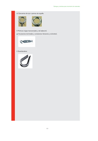 101
Eslingas y estrobos para movimiento de materiales
e) Cáncamos de ojo o pernos de argolla.
f) Pórticos (vigas transversales y de balancín).
g) Accesorios terminales y conexiones (tensores y enchufes).
i) Guardacabos.
05 Ficha eslingas y estrobos.qxp 07/01/2010 11:56 PÆgina 101
 