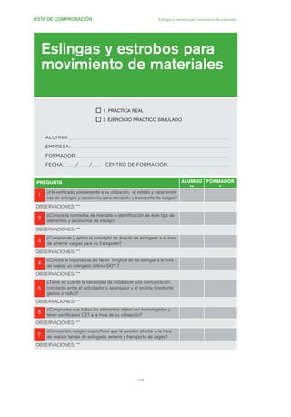 113
LISTA DE COMPROBACIÓN Eslingas y estrobos para movimiento de materiales
Eslingas y estrobos para
movimiento de materiales
1. PRÁCTICA REAL
2. EJERCICIO PRÁCTICO SIMULADO
ALUMNO:
EMPRESA:
FORMADOR:
FECHA: / / CENTRO DE FORMACIÓN:
PREGUNTA ALUMNO
**
FORMADOR
*
11
¿Ha verificado, previamente a su utilización, el estado y característi-
cas de eslingas y accesorios para elevación y transporte de cargas?
OBSERVACIONES: ***
22
¿Conoce la normativa de marcado e identificación de éste tipo de
elementos y accesorios de trabajo?
OBSERVACIONES: ***
33
¿Comprende y aplica el concepto de ángulo de eslingado a la hora
de amarrar cargas para su transporte?
OBSERVACIONES: ***
44
¿Conoce la importancia del factor longitud de las eslingas a la hora
de realizar un eslingado óptimo (90º) ?
OBSERVACIONES: ***
55
¿Tiene en cuenta la necesidad de establecer una comunicación
constante entre el estrobador o aparejador y el gruísta (mediante
gestos o radio)?
OBSERVACIONES: ***
66
¿Comprueba que todos los elementos deben ser homologados y
tener certificados CE? a la hora de su utilización?
OBSERVACIONES: ***
77
¿Conoce los riesgos específicos que le pueden afectar a la hora
de realizar tareas de eslingado, amarre y transporte de cagas?
OBSERVACIONES: ***
05 Ficha eslingas y estrobos.qxp 07/01/2010 11:58 PÆgina 113
 