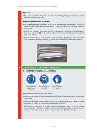 124
Manual de procedimientos de trabajo seguros en el sector de la construcción
Ejecución:
• Para evitar accidentes, las puntas de ferralla de forjados, pilares y muros deben taparse
mediante elementos tipo "seta".
Pasarelas y plataformas de trabajo:
• Se instalarán pasarelas de tableros de 60 cm de ancho mínimo que permitan la circulación
sobre la ferralla colocada en forjados, soleras y losas de cimentación, para evitar caídas al
mismo nivel.
• Cuando sea necesario crear pasos sobre los muretes guía o bataches se instalarán pasa-
relas de un mínimo de 60 cm de anchura. Está completamente prohibido cruzarlos saltando
de un lado al otro.
• Cuando exista riesgo de caída por suelos deslizantes (lodos, fangos, agua, etc. se utilizarán
unas plataformas de trabajo de 25 a 50 cm de altura desde las que realizar los trabajos.
5.1 TRABAJOS CON FERRALLA (ARMADOS)
Estos trabajos pueden darse en tres etapas:
• Recepción de ferralla en barras para su manipulación: esta viene sobre camión, se descarga
y se acopia.
• Acopio en obra de la ferralla armada: conjunto de acciones mediante las cuales se instala
en el lugar de espera de ser transportada a su lugar definitivo.
• Fabricación de estructuras de ferralla, con una dobladora para barras de aceros y sobre
unas borriquetas y siguiendo unos planos de montaje determinados. Se construyen los ele-
mentos de acero que luego se piensa instalar para ser embebidos por hormigón.
PROCEDIMIENTO ADECUADO DE TRABAJO5
Uso obligatorio
de protector
auditivo
Uso obligatorio
de gafas
Uso obligatorio
de guantes
06 Ficha excavacion, cimentacion....qxp 07/01/2010 12:15 PÆgina 124
 