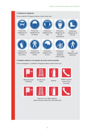 13
Acotación y señalización de lugares de trabajo. Edificación
3. Señales de obligación
Forma redonda. Pictograma blanco sobre fondo azul.
4. Señales relativas a los equipos de lucha contra incendios
Forma rectangular o cuadrada. Pictograma blanco sobre fondo rojo.
Protección
obligatoria de
la vista
Protección
obligatoria de
la cabeza
Protección
obligatoria del
oido
Protección
obligatoria de
las vías
respiratorias
Protección
obligatoria de
los pies
Protección
obligatoria de
las manos
Protección
obligatoria del
cuerpo
Protección
obligatoria de
la cara
Protección
individual
obligatoria
contra caídas
Vía
obligatoria para
peatones
Manguera para
incendios
Escalera de
mano
Extintor
Teléfono para la
lucha contra
incendios
Dirección que debe seguirse
(señal indicativa adicional a las anteriores)
01 Ficha acotacion y seæaliza....qxp 07/01/2010 10:02 PÆgina 13
 