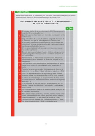 151
FASE PRÁCTICA
Instalaciones eléctricas provisionales
6
Se adjunta a continuación un cuestionario para evaluar los conocimientos adquiridos en materia
de instalaciones eléctricas provisionales en trabajos de construcción.
CUESTIONARIO SOBRE INSTALACIONES ELÉCTRICAS PROVISIONALES
EN TRABAJOS DE CONSTRUCCIÓN
SÍ NO
11
El principal objetivo de la normativa vigente (REBT) es preservar la
seguridad de personas y bienes.
22
Los interruptores diferenciales son elementos de protección contra
cortocircuitos.
33
La puesta a tierra de un circuito eléctrico asegura la desviación de
la intensidad para que no afecte a personas ni instalaciones.
44
El montaje y mantenimiento de instalaciones eléctricas debe ser
realizado por personal debidamente formado y autorizado, dejando
constancia escrita de tales labores.
55
Un contacto eléctrico directo puede provocar quemaduras y para-
das cardiorrespiratorias.
66
Durante la jornada de trabajo, el cuadro eléctrico debe permanecer
abierto para poder realizar conexiones y permitir la ventilación de
sus componentes.
77
Periódicamente, se deben realizar comprobaciones del correcto
funcionamiento de los elementos de protección por parte de los
trabajadores.
88
Tanto los cables, como las mangueras eléctricas deben ser antihu-
medad y con protección mecánica para poder llevarlos por el
suelo.
99
Todas las herramientas manuales eléctricas deberán disponer de
aislamiento y no se deberá trabajar a tensiones superiores a 24 V.
1100
Sólo si se dispone de calzado de seguridad y guantes aislantes,
podemos trabajar con herramientas eléctricas en zonas húmedas.
1111
A la hora de realizar trabajos en las proximidades de líneas o con-
ducciones eléctricas, deberemos mantener distancias de seguridad
entre 3 y 5 m.
1122
Si la proximidad de una línea eléctrica resulta peligrosa para los
trabajos a realizar, procederemos a descargarla e inutilizarla para
evitar riesgos.
1133
Los cuadros eléctricos deberán ser estancos y estar protegidos de
la intemperie por cubiertas.
1144
Para realizar trabajos puntuales y sencillos, podemos realizar cone-
xiones eléctricas temporales con los terminales pelados, siempre y
cuando procedamos a su desconexión al terminar el trabajo.
1155
Todas las máquinas eléctricas que funcionen a más de 50 V, debe-
rán llevar doble aislamiento y estar conectadas a tierra.
07 Ficha instalaciones elØctricas prov..qxp 07/01/2010 12:26 PÆgina 151
 