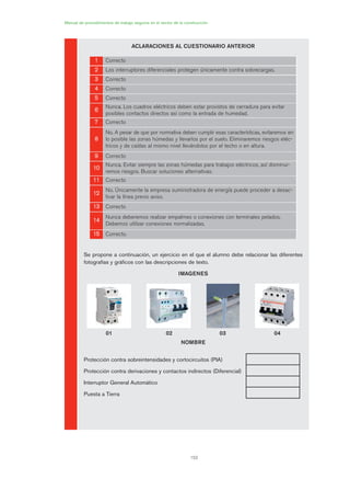 152
Manual de procedimientos de trabajo seguros en el sector de la construcción
ACLARACIONES AL CUESTIONARIO ANTERIOR
Se propone a continuación, un ejercicio en el que el alumno debe relacionar las diferentes
fotografías y gráficos con las descripciones de texto.
IMAGENES
NOMBRE
Protección contra sobreintensidades y cortocircuitos (PIA)
Protección contra derivaciones y contactos indirectos (Diferencial)
Interruptor General Automático
Puesta a Tierra
11 Correcto
22 Los interruptores diferenciales protegen únicamente contra sobrecargas.
33 Correcto
44 Correcto
55 Correcto
66
Nunca. Los cuadros eléctricos deben estar provistos de cerradura para evitar
posibles contactos directos así como la entrada de humedad.
77 Correcto
88
No. A pesar de que por normativa deben cumplir esas características, evitaremos en
lo posible las zonas húmedas y llevarlos por el suelo. Eliminaremos riesgos eléc-
tricos y de caídas al mismo nivel llevándolos por el techo o en altura.
99 Correcto
1100
Nunca. Evitar siempre las zonas húmedas para trabajos eléctricos, así disminui-
remos riesgos. Buscar soluciones alternativas.
1111 Correcto
1122
No. Únicamente la empresa suministradora de energía puede proceder a desac-
tivar la línea previo aviso.
1133 Correcto
1144
Nunca deberemos realizar empalmes o conexiones con terminales pelados.
Debemos utilizar conexiones normalizadas.
1155 Correcto.
01 02 03 04
07 Ficha instalaciones elØctricas prov..qxp 07/01/2010 12:26 PÆgina 152
 