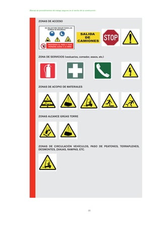 20
Manual de procedimientos de trabajo seguros en el sector de la construcción
6
ZONAS DE ACCESO
ZONA DE SERVICIOS (vestuarios, comedor, aseos, etc.)
ZONAS DE ACOPIO DE MATERIALES
ZONAS ALCANCE GRÚAS TORRE
ZONAS DE CIRCULACIÓN VEHÍCULOS, PASO DE PEATONES, TERRAPLENES,
DESMONTES, ZANJAS, RAMPAS, ETC.
PROHIBIDO EL PASO A TODA
PERSONA AJENA A LA OBRA
01 Ficha acotacion y seæaliza....qxp 07/01/2010 10:06 PÆgina 20
 