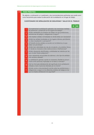 28
FASE PRÁCTICA
Manual de procedimientos de trabajo seguros en el sector de la construcción
6
Se adjunta a continuación un cuestionario y las recomendaciones pertinentes que puede servir
como herramienta para evaluar la adecuación de la señalización en el lugar de trabajo.
CUESTIONARIO DE SEÑALIZACIÓN DE SEGURIDAD Y SALUD EN EL TRABAJO
SÍ NO
11
¿Complementa la señalización aplicada a las necesarias medidas
de prevención y protección en los lugares de trabajo?
22
¿Están señalizados los ámbitos de trabajo con las prohibiciones,
advertencias de peligro y obligaciones a seguir?
33 ¿Se emplean señales normalizadas en donde éstas son necesarias?
44
¿Están las señales localizadas en los lugares idóneos, permitiendo
su clara visualización o percepción?
55
¿El tamaño de las señales es acorde con la distancia a la que
deben ser percibidas?
66
¿Están bien delimitadas las vías de circulación y los ámbitos físicos
en donde es necesario evitar obstrucciones e interferencias?
77
¿Están claramente identificadas y señalizadas las tuberías por las
que circulan fluidos peligrosos?
88
¿Son claramente reconocibles las alarmas u otro tipo de señaliza-
ción acústica utilizada?
99
La señalización gestual, cuando es necesaria, ¿facilita la comuni-
cación entre personas implicadas en la tarea a controlar?
1100
¿Se ha informado debidamente del significado de la señalización
utilizada a todo el personal afectado por la misma?
1111
¿Existe norma o documentación escrita sobre las prohibiciones y
obligaciones a seguir en los diferentes ámbitos de trabajo en los
que se emplea señalización de seguridad?
01 Ficha acotacion y seæaliza....qxp 07/01/2010 10:09 PÆgina 28
 