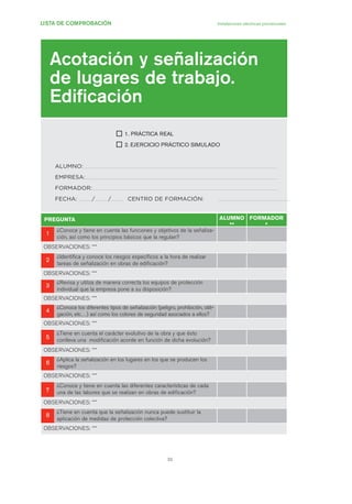33
LISTA DE COMPROBACIÓN Instalaciones eléctricas provisionales
Acotación y señalización
de lugares de trabajo.
Edificación
1. PRÁCTICA REAL
2. EJERCICIO PRÁCTICO SIMULADO
ALUMNO:
EMPRESA:
FORMADOR:
FECHA: / / CENTRO DE FORMACIÓN:
PREGUNTA ALUMNO
**
FORMADOR
*
11
¿Conoce y tiene en cuenta las funciones y objetivos de la señaliza-
ción, así como los principios básicos que la regulan?
OBSERVACIONES: ***
22
¿Identifica y conoce los riesgos específicos a la hora de realizar
tareas de señalización en obras de edificación?
OBSERVACIONES: ***
33
¿Revisa y utiliza de manera correcta los equipos de protección
individual que la empresa pone a su disposición?
OBSERVACIONES: ***
44
¿Conoce los diferentes tipos de señalización (peligro, prohibición, obli-
gación, etc…) así como los colores de seguridad asociados a ellos?
OBSERVACIONES: ***
55
¿Tiene en cuenta el carácter evolutivo de la obra y que ésto
conlleva una modificación acorde en función de dicha evolución?
OBSERVACIONES: ***
66
¿Aplica la señalización en los lugares en los que se producen los
riesgos?
OBSERVACIONES: ***
77
¿Conoce y tiene en cuenta las diferentes características de cada
una de las labores que se realizan en obras de edificación?
OBSERVACIONES: ***
88
¿Tiene en cuenta que la señalización nunca puede sustituir la
aplicación de medidas de protección colectiva?
OBSERVACIONES: ***
01 Ficha acotacion y seæaliza....qxp 07/01/2010 10:16 PÆgina 33
 
